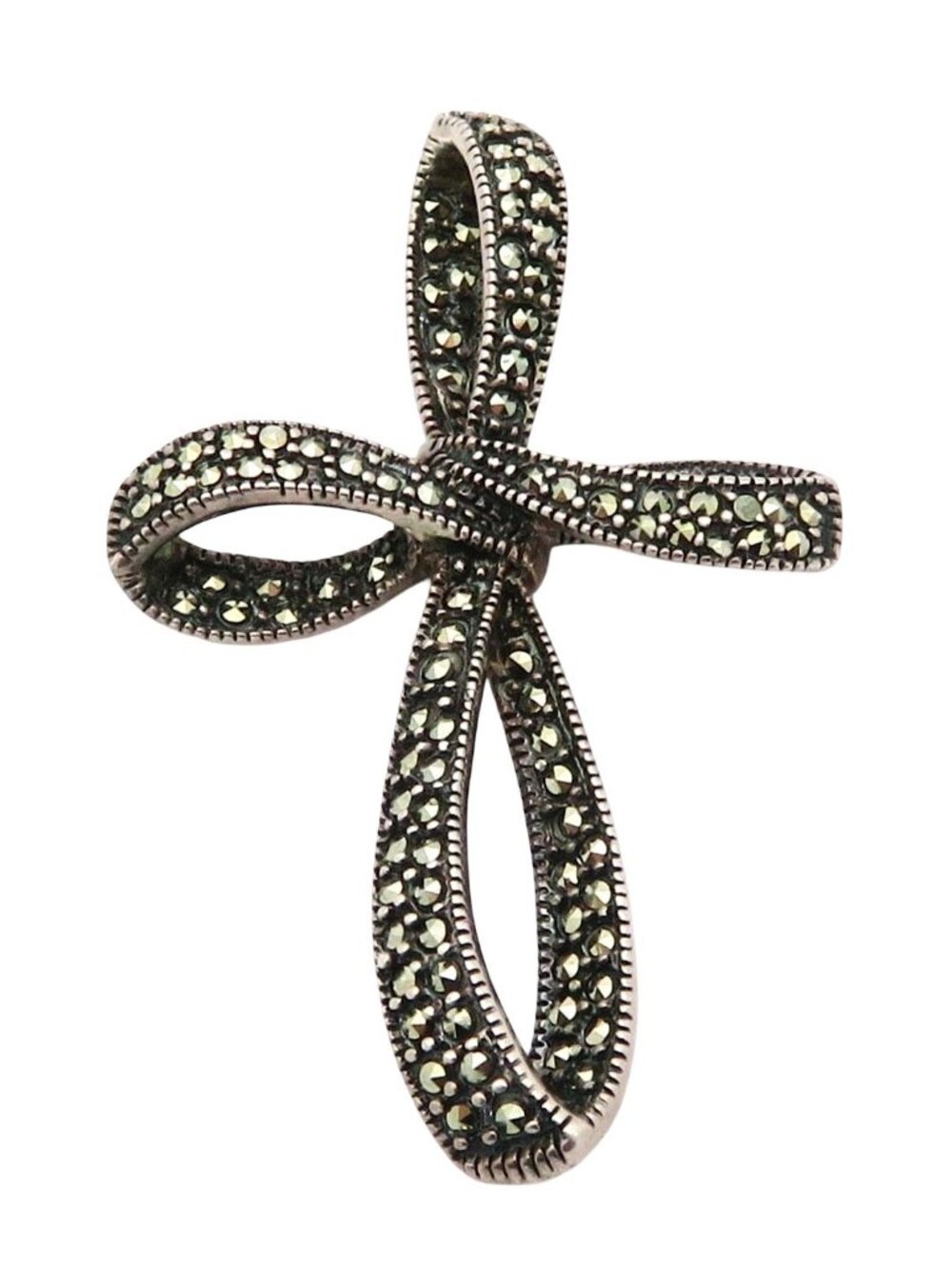 Vintage 925 Sterling Silver & Marcasite Jeweled Ribbon Cross Pendant
